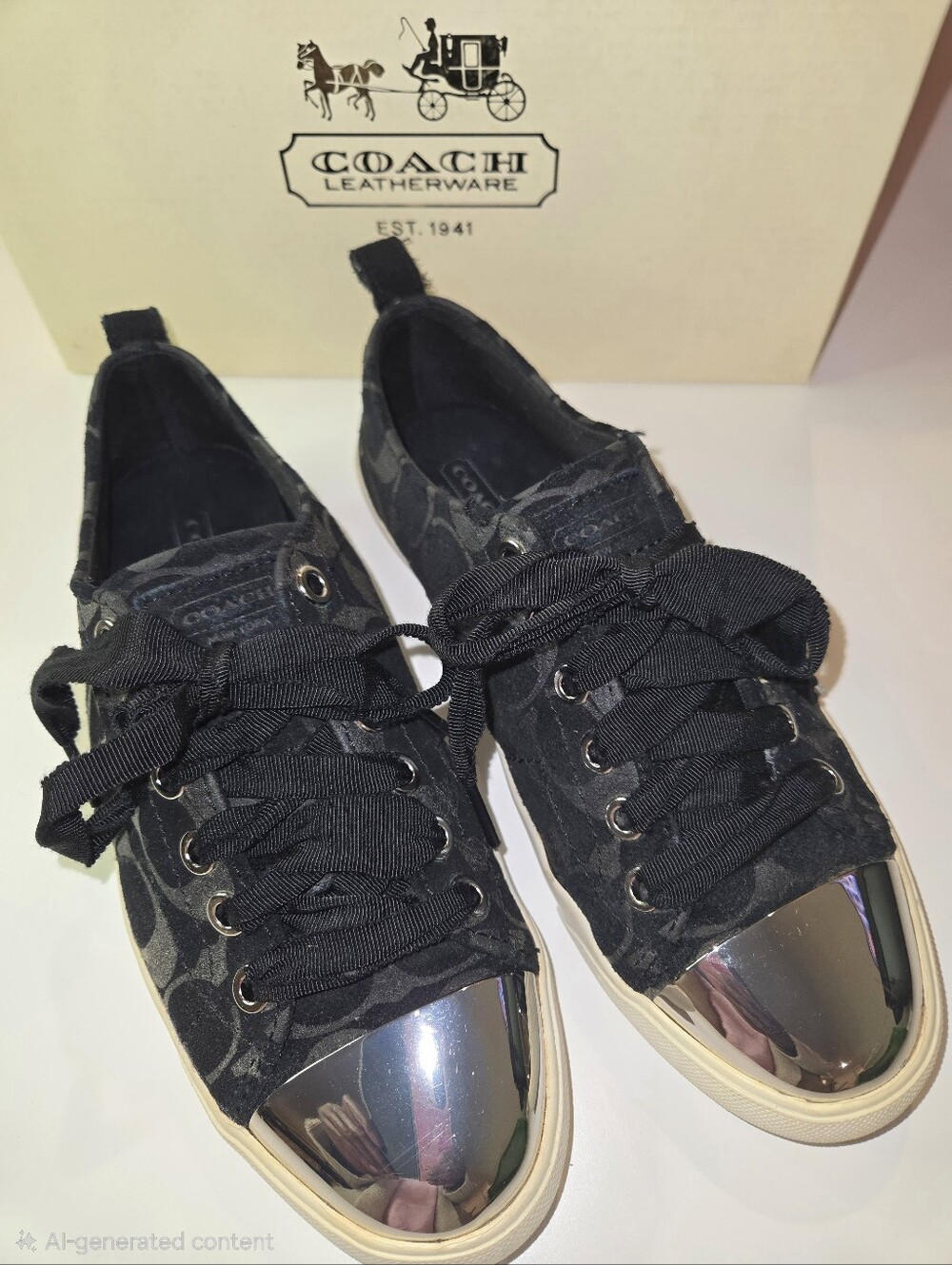Coach Women's Black Logo Sneakers with Metallic Silver Toe Cap